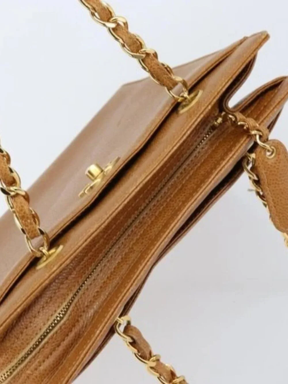 CHANEL Chain Tote Bag Grained Calf Skin Gold Brown CC Auth gh1738